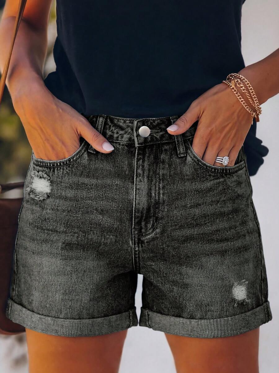 Nuevos jeans casuales y sueltos de verano con lavado liso y color liso para mujeres, estilo versátil de resort, moda callejera estadounidense en color negro - Negro - Ver 1
