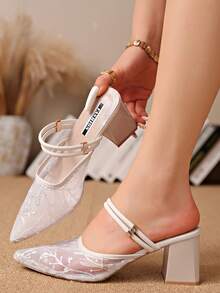 Giày sandal cao gót quai ngang mắt cá chân, mũi kín, đính đá lấp lánh, kiểu dáng thời trang mùa hè mới dành cho nữ. - trắng - Xem 4