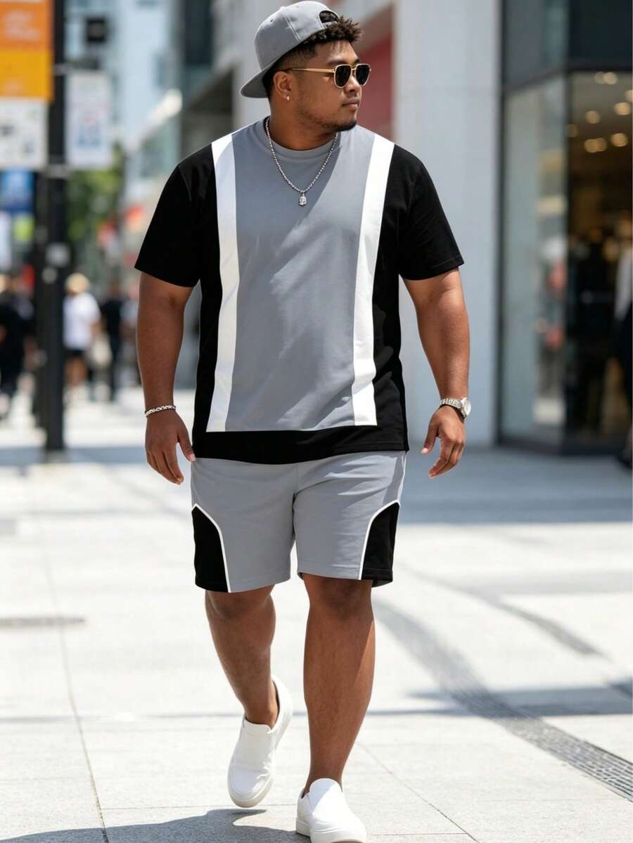 Conjunto de talla grande para hombre de pantalón corto y camisa de manga corta a rayas con estampado de color contrastante, conjunto de 2 piezas con cordón degradado versátil para vacaciones, ejercicio y fitness - Multicolor - Ver 1