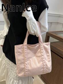 Women's Pink Canvas Tote Bag, Casual Large Capacity Shoulder Handbag For Daily Use - Pink - View 9