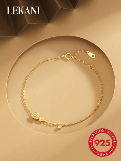 1 件 S925 纯银手链，复古玫瑰和心形锆石镀金简约时尚百搭手链，送给最好的朋友/女朋友的礼物，日常佩戴配饰