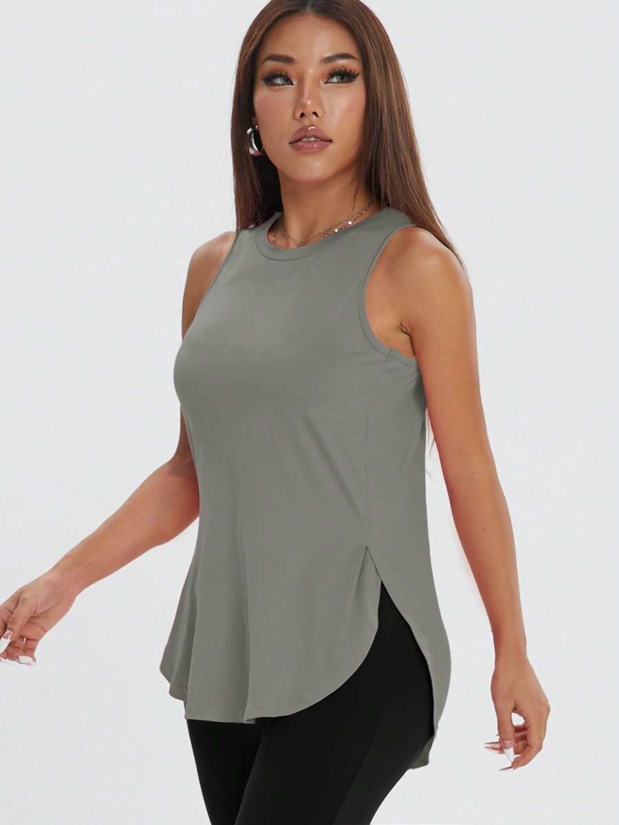 1 pieza Top deportivo sin mangas casual y holgado con cuello redondo y abertura lateral, unicolor, adecuado para ejercicio y entrenamiento, primavera/verano - Gris Oscuro - Ver 1