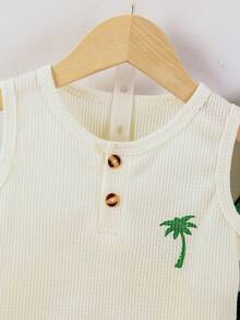Bhchntiy 4pcs/Set Baby Boy Summer New Striped & Palm Tree Print Waffle Knit Vest + Pants Casual Fashion Outfit - Green - View 3