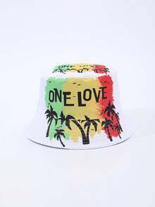 Mũ tai bèo nam hai mặt in kỹ thuật số hình cây cọ và chữ "One Love", phù hợp cho mọi mùa và sử dụng hàng ngày. - A - Xem 4