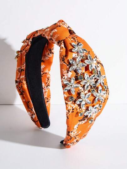 1 pieza Diadema con flor de tela floral bohemia vintage enjoyada, accesorio de lujo para fiestas para mujeres