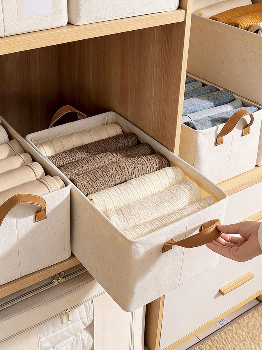 Panier de rangement en lin à double couche avec poignée, boîte de rangement pour vêtements de style tiroir, organisateur de vêtements pliable pour la maison, boîte de tri et de rangement pour vêtements et pantalons, organisateur de vêtements pliable pour la maison - Beige - Voir 1