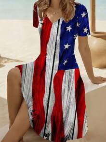 American Flag Independence Day Print Women V Neck Short Sleeve Dress Comfortable Breathable Casual Style Beach Vacation Outfit 250g - 彩色 - 查看 3
