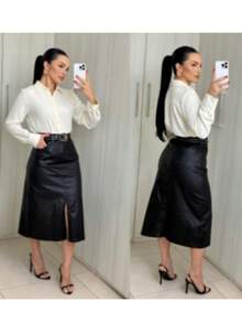 Resin-Coated Midi Skirt (Leather Effect) – Elegance And Power In One Look! The Perfect Piece For Those Who Love A Modern, Sophisticated, And Bold Style! - Negro - Ver 5