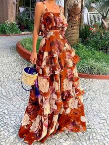 Spring/Summer New Floral Print 2-Piece Set, Ruffled Camisole Top And Maxi Skirt, Bohemian Beach Vacation Casual Outfit For Women - Coral Orange - View 2