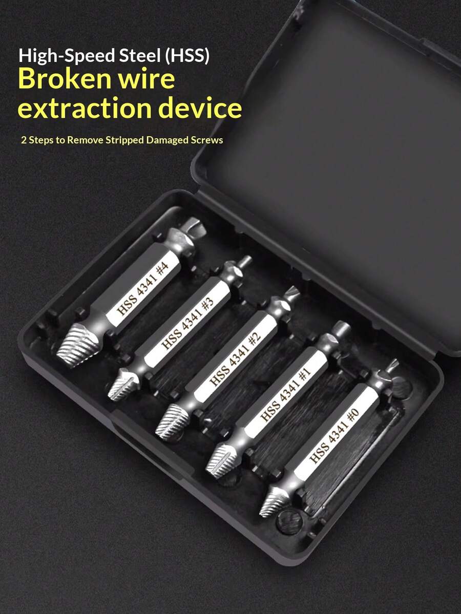 5件套损坏螺丝取出器套装，采用耐用钢材制成，适用于取出扭曲、生锈或断裂的螺丝 - 包含未组装的螺栓螺母工具、断螺丝取出器、滑动式螺丝取出器、多功能螺丝取出器，可与电钻配合使用，防滑螺纹，五金钻头配件。专为重型钻孔设计，是机械师和业余爱好者的理想之选，也适用于木工，适合成年男性、丈夫，是送给男士、父亲的理想礼物。