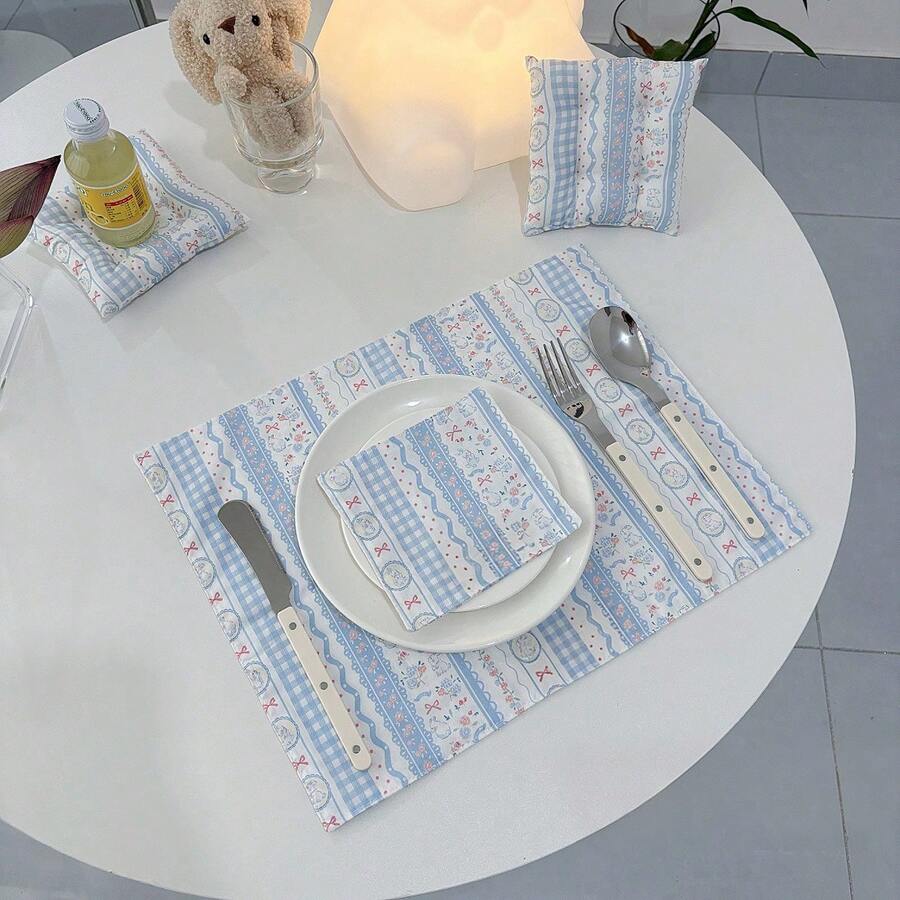 1/2/6 pezzi Tovaglia e tovagliolo in tessuto stile Ins carino, dolce e artistico, nei toni del blu & rosa, per decorazione fotografica e copripiazzato - celeste - Visualizzare 1
