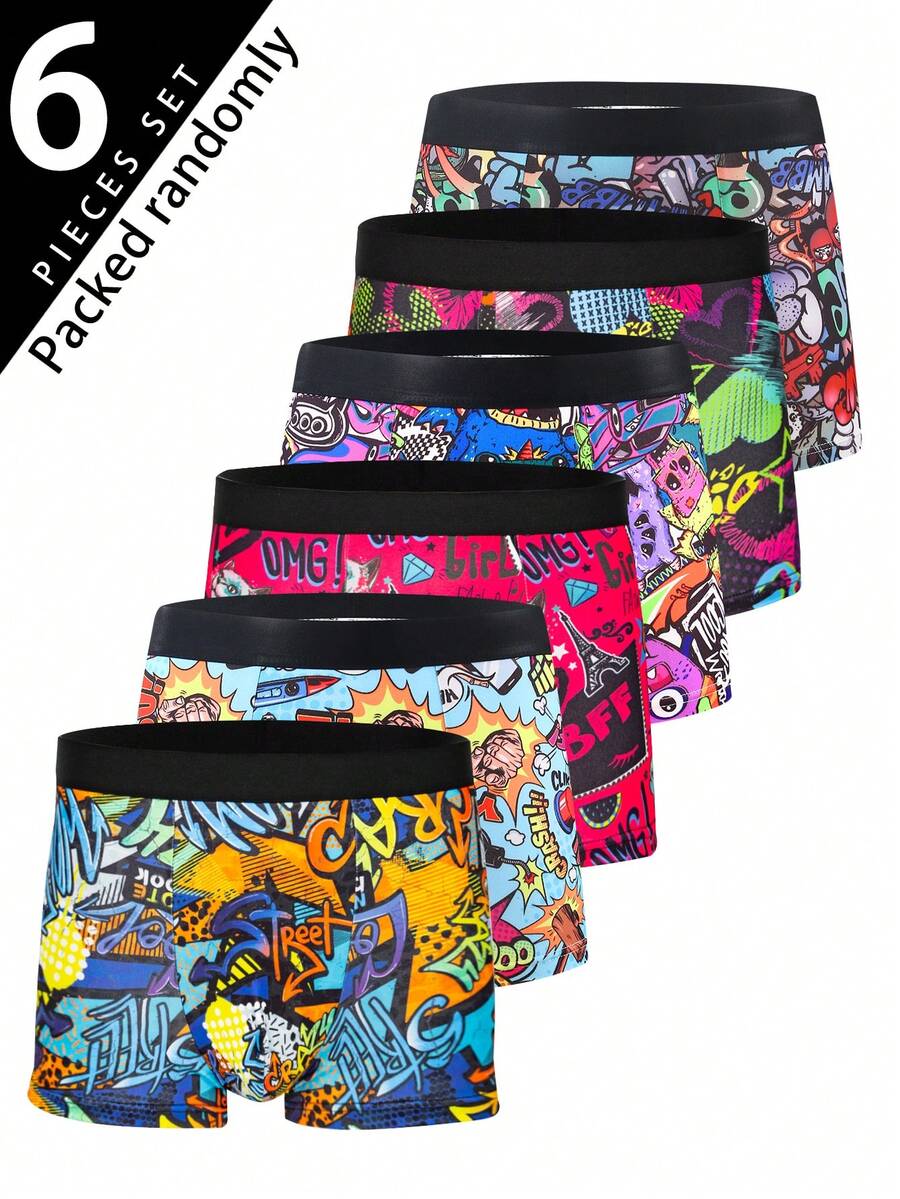 6 pièces Boxers imprimés pour hommes, motif graffiti aléatoire, sous-vêtements graphiques, convient pour Noël - Multicolore - Voir 1