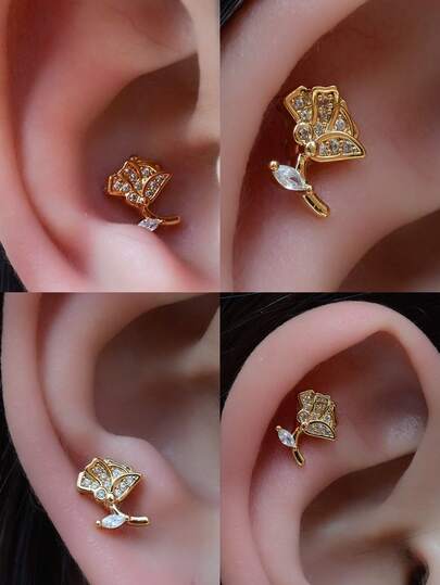 1pc 18K Rose Gold Plated Diamond Stud Earrings, Tiny Earrings Suitable For Sensitive Ears, Non-Oxidizing For Ear Cartilage And Earlobes