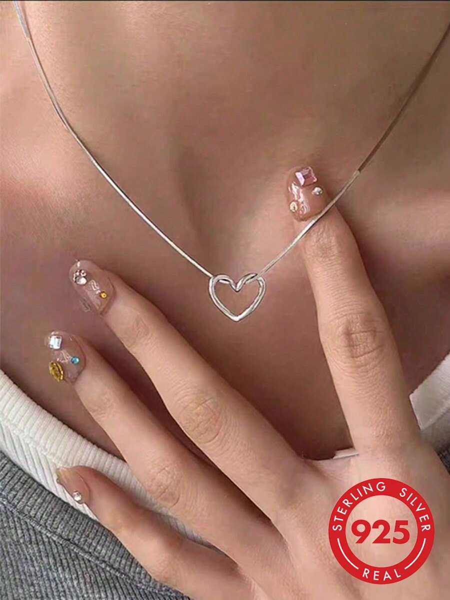 BALMORA 1 chiếc dây chuyền mặt hình trái tim rỗng, thanh lịch, thời trang bằng bạc sterling 925, món quà đeo hàng ngày dành cho phụ nữ, quà tặng Ngày của Mẹ. - Bạc - Xem 1