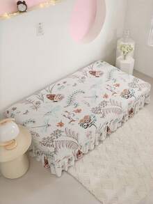 1pc Fresh Plant Printed Sofa Bed Cover With Skirt Edge, Polyester Fiber Sofa Cover, Suitable For Armless Sofas - Beige - View 6