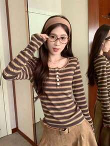 女士条纹长袖T恤，修身休闲叠穿上衣，百搭单品 - 咖啡棕 - 查看 4