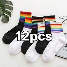 Random 1/3/6/12 Pairs Rainbow Socks, Colorful Striped Casual Mid-Calf Socks, Summer Socks For Women - Multicolor - View 8