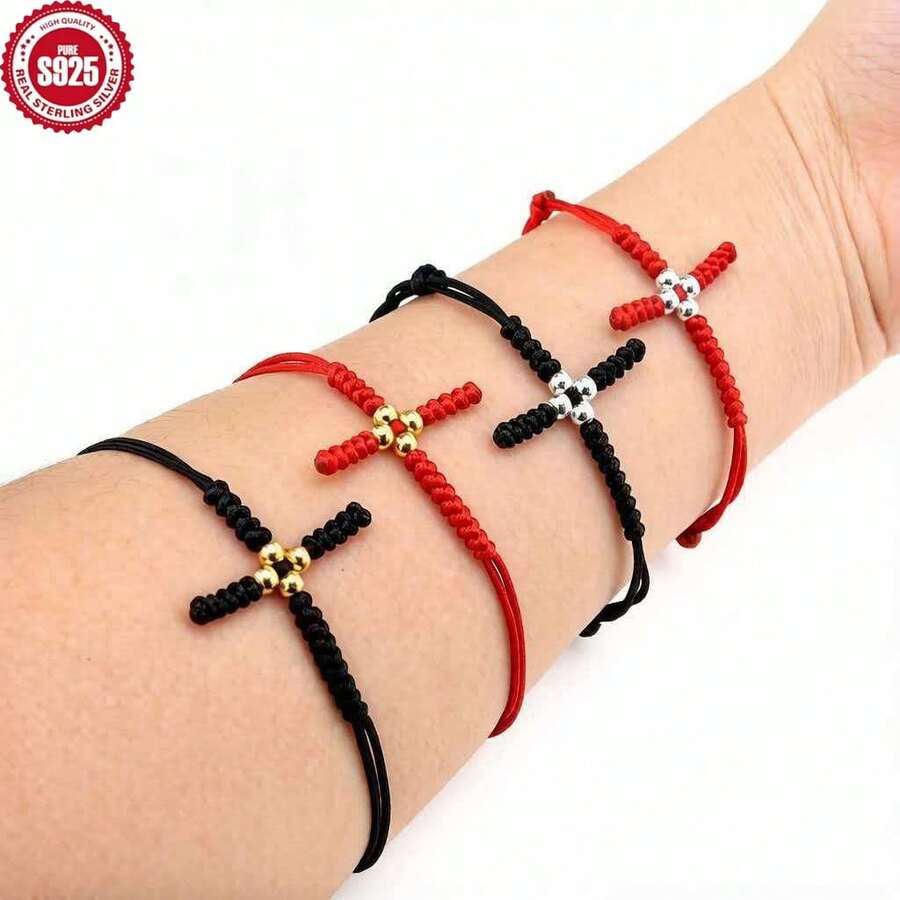 Vòng tay thánh giá thủ công bằng bạc Sterling 925, vòng tay dây thừng thủ công. - Bạc - Xem 1