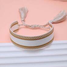 1pc Handmade Vintage Minimalist Boho Style Woven Bracelet, Suitable As Gift For Family, Friends, Students, Festivals, Parties, Traveling - Gold - View 3