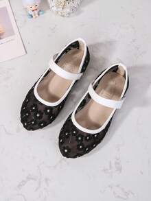 1 Pair Girls Summer Lace Mesh Mary Jane Round Toe Mid-Large Size Kids Shoes, Pure White Hook & Loop, Casual Breathable Versatile Flat Princess Shoes - Black - View 3