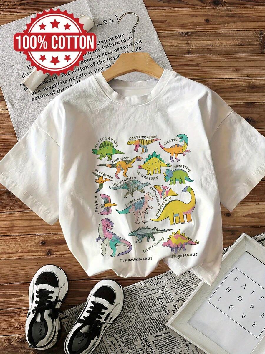 Women's Retro Dinosaur T-Shirt - Soft Pastel Colors (For All Lovers) - Pteranodon, Ornithorhynchus, Pterodactyl - Educational Prehistoric Creatures Tee - Casual Wear & Birthday Party Outfit - Machine Washable Breathable Top - 白色 - 查看 1