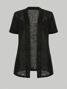 Yukiwi Women's Solid Color Minimalist Semi-Sheer Casual Short Sleeve Open Front Lightweight Jacket, Spring/Summer Daily Outerwear - Black - View 1
