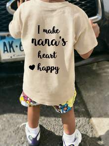 男童休闲印花圆领短袖T恤，夏季上衣 - 杏色 - 查看 1