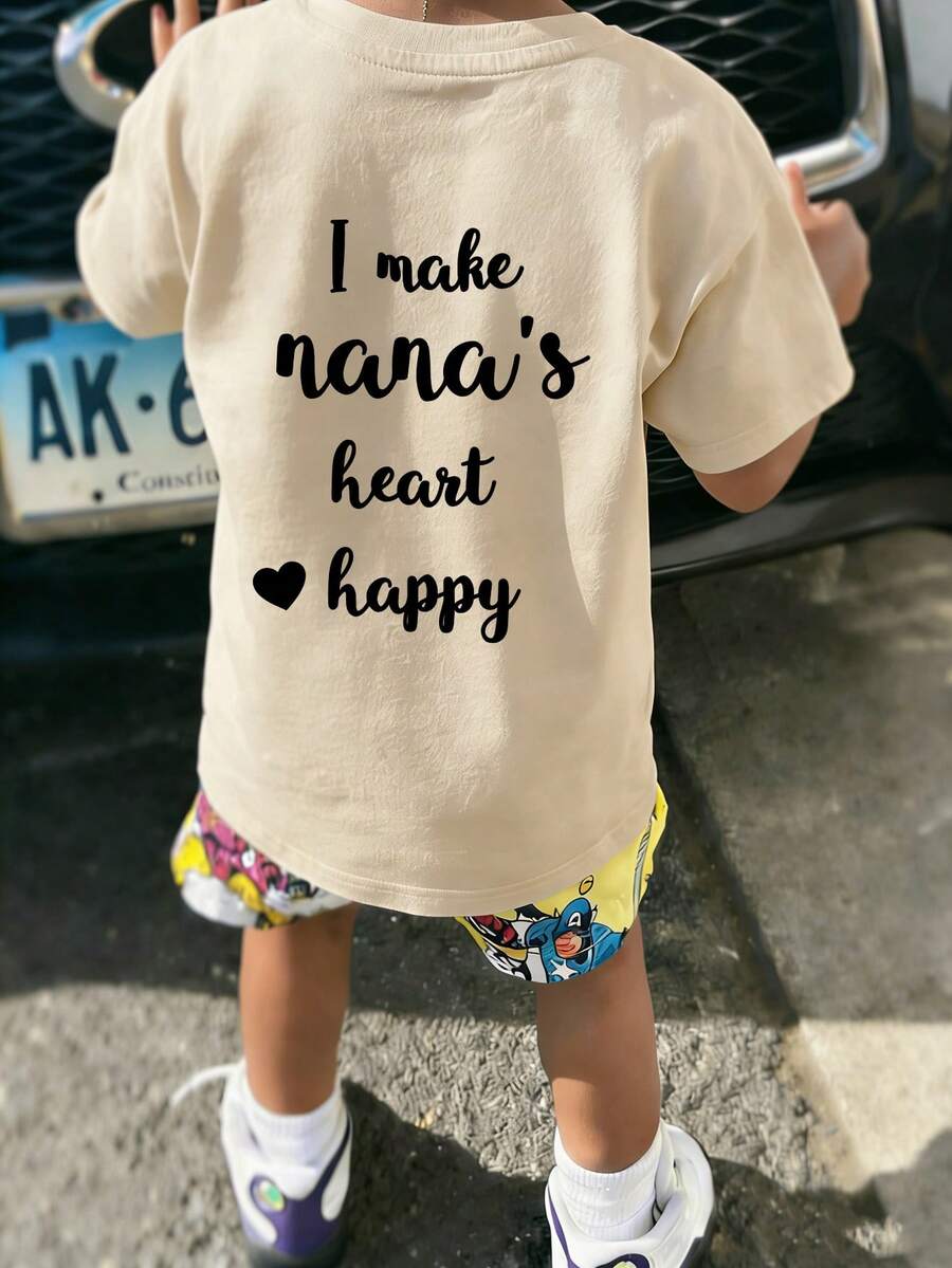 男童休闲印花圆领短袖T恤，夏季上衣 - 杏色 - 查看 1