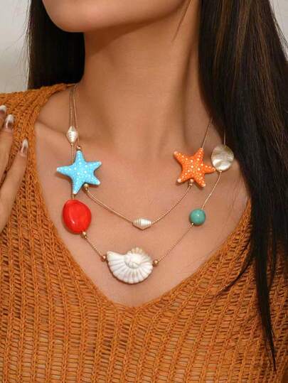 1 chiếc vòng cổ mặt dây chuyền nhiều lớp kiểu Bohemian Châu Âu và Mỹ thời trang, làm từ vỏ sò, sao biển, ngọc trai giả kiểu Baroque, nhựa, dây vàng, thích hợp cho nữ, đặc biệt phù hợp với váy, áo hai dây, đi biển, dự tiệc, quà tặng ngày lễ.