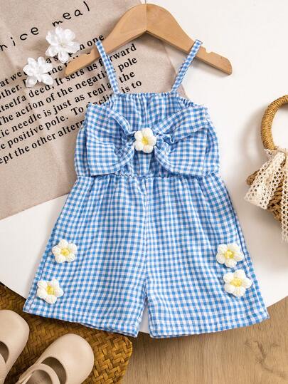 Baby Girls' Summer New Dual-Color Plaid Handmade Crochet Floral Decor Casual Jumpsuit