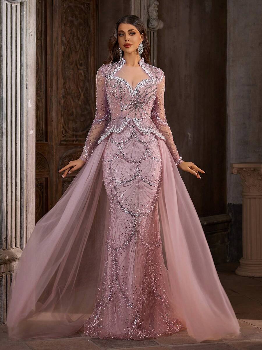 Đầm dạ hội nữ cổ đứng nhỏ, đầm cưới đính cườm thủ công dài phối lưới, thêu sequin họa tiết hoa đính cườm