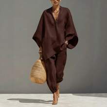 2026 Spring/Summer Fashion Women's Casual Style Bat Sleeve V-Neck Loose-Fit Outfit - màu nâu cà phê - Xem 11