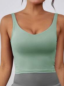 1 chiếc áo ba lỗ thể thao bó sát không tay bằng nylon dành cho nữ có đệm có thể tháo rời, dáng ôm, mùa xuân/hè - màu xanh lá - Xem 5