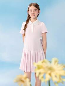 Balabala Vestido de verano para niñas 2026, estilo polo de línea A, look universitario dulce, mezcla suave de algodón, uso cómodo para todos los días - blanco rojo - Ver 2
