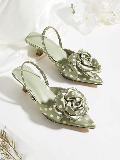 Women's Minimalist Solid Color Pointed Toe Slip-On Shoes, Versatile Elegant Party Comfortable Fashion Open Toe High Heel Sandals, Floral Decor Satin Peep Toe Kitten Heel Pumps