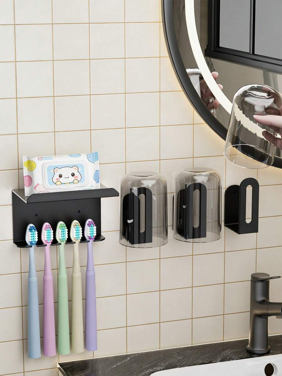 1/3/4pcs Wall-Mounted Toothbrush Holder & Toothpaste Organizer - Space-Saving Bathroom Shelf, Electric Toothbrush Stand, Home Storage Rack For Toothpaste And Cups, Bathroom Accessory With Tissue Holder