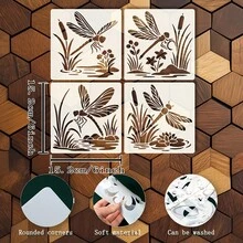 4 片 6x6 英寸蜻蜓图案模板，包含飞翔的蜻蜓、芦苇、盛开的花朵和宁静的池塘，可水洗、柔韧且可重复使用的 PET 镂空绘画模板，适合 DIY 绘画工艺品。 - 6*6inch - 查看 3