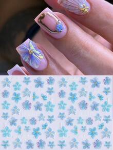 2片5D自粘蓝色芙蓉花美甲贴纸，全息蓝色花瓣图案美甲贴花，透明夏季花卉美甲装饰，适合度假和海滩DIY美甲 - 彩色 - 查看 4
