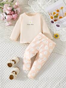 2pcs Baby Girls' Floral Print Casual T-Shirt Top And Allover Flower Allover Print Pants Set - Apricot - View 1
