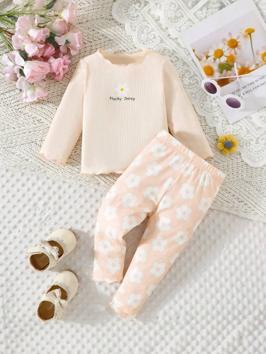 2pcs Baby Girls' Floral Print Casual T-Shirt Top And Allover Flower Allover Print Pants Set - Apricot - View 1