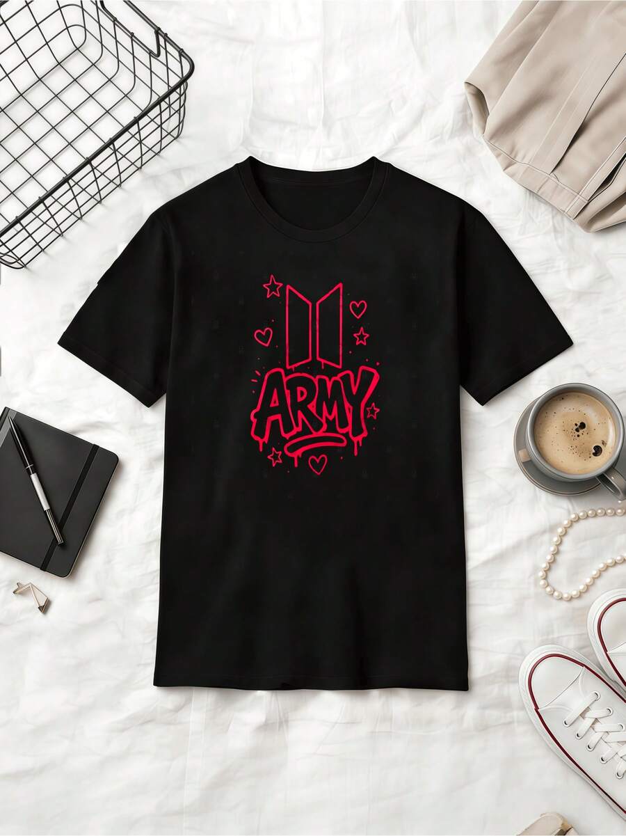 ARMY Graffiti Style Graphic Unisex Cotton T-Shirt - Black - View 1