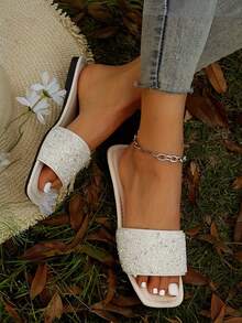 2026 New Flat Slide Sandals/Solid Color, Flat Design, Shiny Vamp, Exquisite Rhinestone Decor, Slip-On Style, Easy To Clean, Elegant & Refined, Fashion Versatile, Suitable For Daily Wear, Shopping, Dating, Vacation, Travel - Beige - View 5