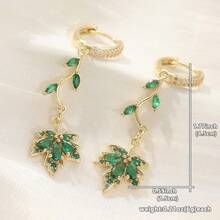 Pendientes con colgante de hoja de arce de circonita sintética verde elegante y lujosa, joyería brillante para mujeres, adecuada para bodas, banquetes, regalos de aniversario románticos - Dorado - Ver 2