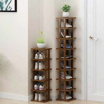 1 Multi-Tiered Elegant Bamboo Shoe Rack, Featuring Natural Wood Grain Texture, Space-Saving Design, Easy To Assemble, Suitable For Dorm Rooms, Hallways, And Kitchens. Stylish Square Storage Rack For Sneakers, High Heels, And Stilettos.