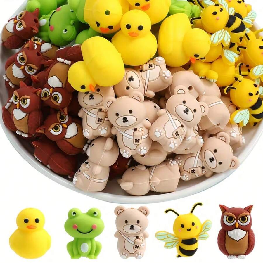 5/25颗3D可爱动物系列硅胶珠套装，鸭子、青蛙、熊、蜜蜂、猫头鹰造型珠子，可用于DIY钥匙扣、项链、手链、珠宝吊坠，节日和生日礼物