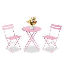 LIZHOUMIL 3 Piece Foldable Patio Bistro Set, Outdoor/Indoor Metal Table And Chairs Furniture, Compact Round Table With 2 Folding Chairs For Balcony, Porch, Garden, Apartment, Small Space - Pink - View 7