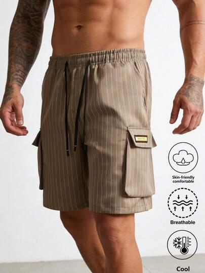 1pc Vintage Striped Cargo Shorts With Large Pockets, Loose Straight Relaxed Fit Bermuda Shorts, Versatile Casual Pants For Summer