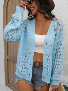 Áo khoác cardigan nữ màu trắng cổ chữ V nhẹ, kiểu dáng thời trang cài cúc phía trước, thích hợp cho mùa xuân/hè, mặc thường ngày hoặc đi biển. - Màu xanh lam - Xem 4