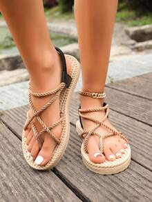 2026 New Flat Woven Sandals For Women, Summer Beach Bohemian Roman Slippers - Brown - View 5