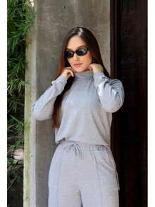 Women's Woolen Set - Pants And Turtleneck Top - Winter - 淺灰色 - 查看 2